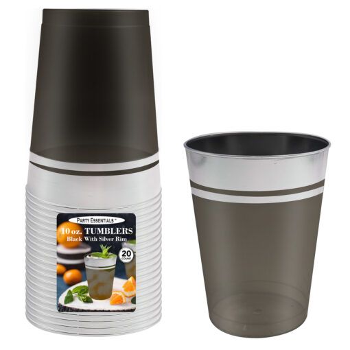 Plastic 10 oz. Tumblers -  Black Silver 20 Ct.