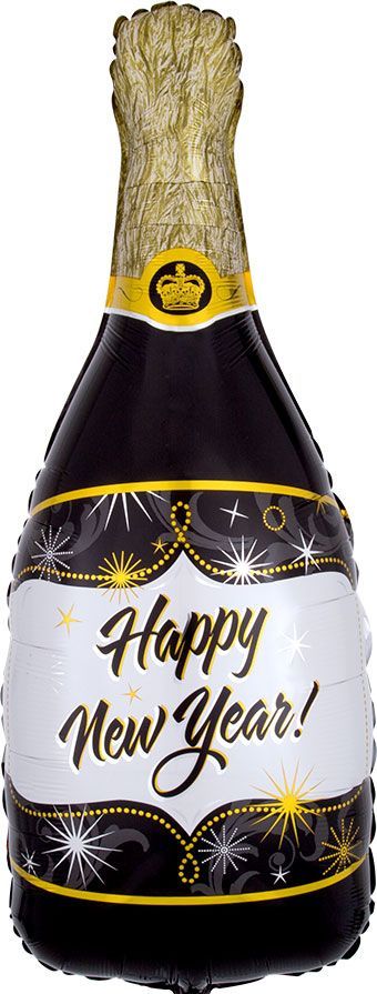 Champagne Bottle Happy New Year - 36" Helium Filled Foil Balloon, Ribbon