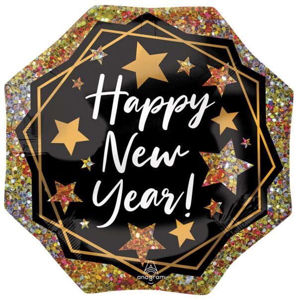 Happy New Year Gold Sparkle - 22" Helium Filled Foil Balloon, Ribbon