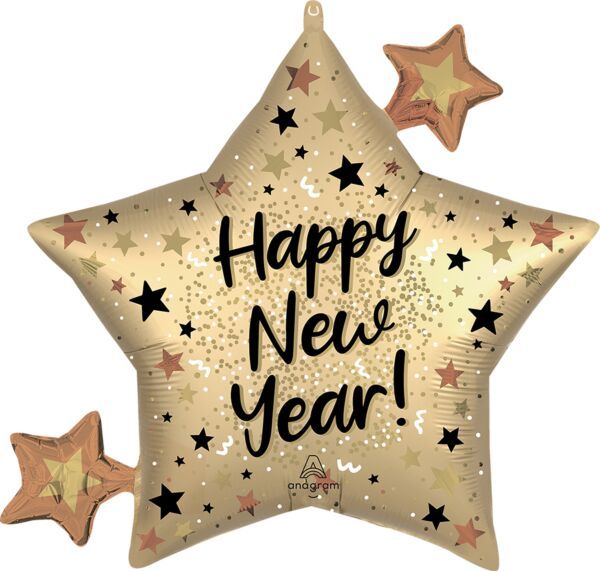 Satin NYE Natural Sparkle Star - 29" Helium Filled Foil Balloon, Ribbon