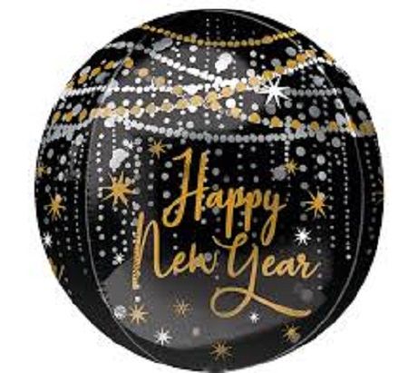 New Year Midnight Orbz - 16" Helium Filled Foil Balloon, Ribbon