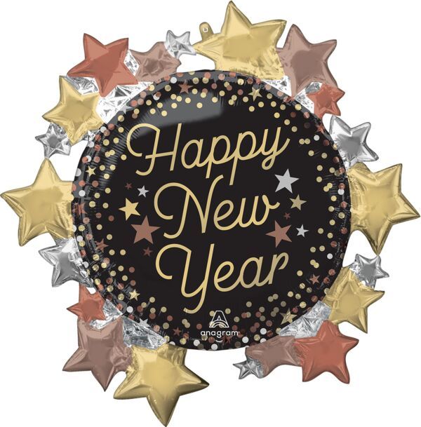 Luxe New Year Stars - 30" Helium Filled Foil Balloon, Ribbon