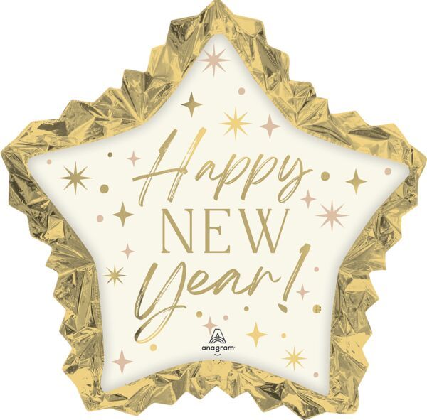 Golden Soiree New Year Star - 34" Helium Filled Foil Balloon, Ribbon