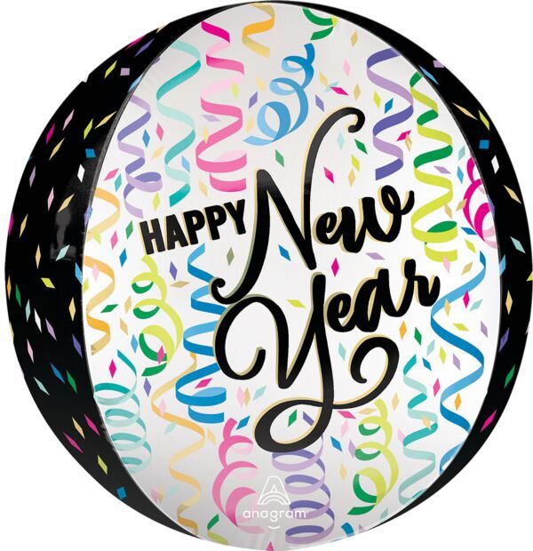 New Year Satin Confetti Cheer Orbz - 16" Helium Filled Foil Balloon, Ribbon
