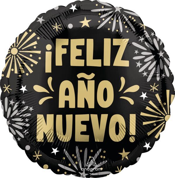Feliz Año Nuevo Fireworks - 17" Helium Filled Foil Balloon, Ribbon