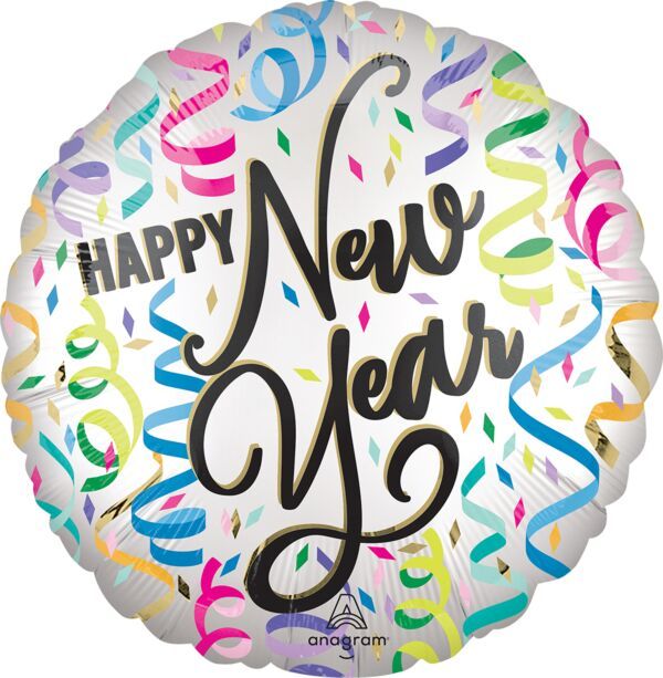 New Year Satin Confetti Cheer - 17" Helium Filled Foil Balloon, Ribbon