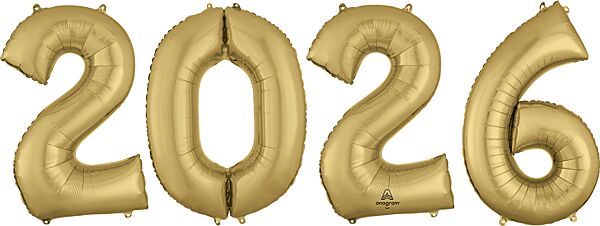2-0-2-6 Number Bunch White Gold  - 34" Helium Filled Foil Balloon, Ribbon
