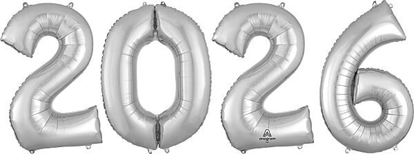 2-0-2-6 Number Bunch Silver - 34" Helium Filled Foil Balloon, Ribbon