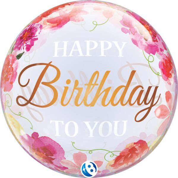 Birthday To You Pink Peonies - 22" Helium Filled Bubble Balloon, Ribbon