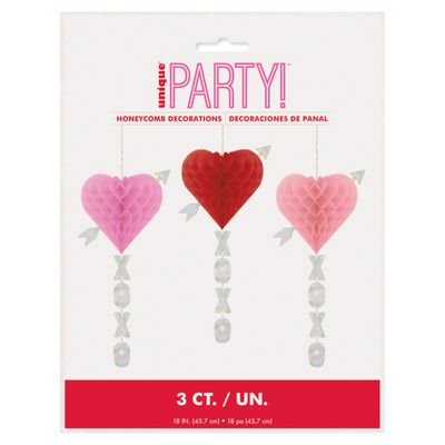 Heart Honeycomb Decorations with Arrows and Iridescent Foil "XOXO" Tails  3ct