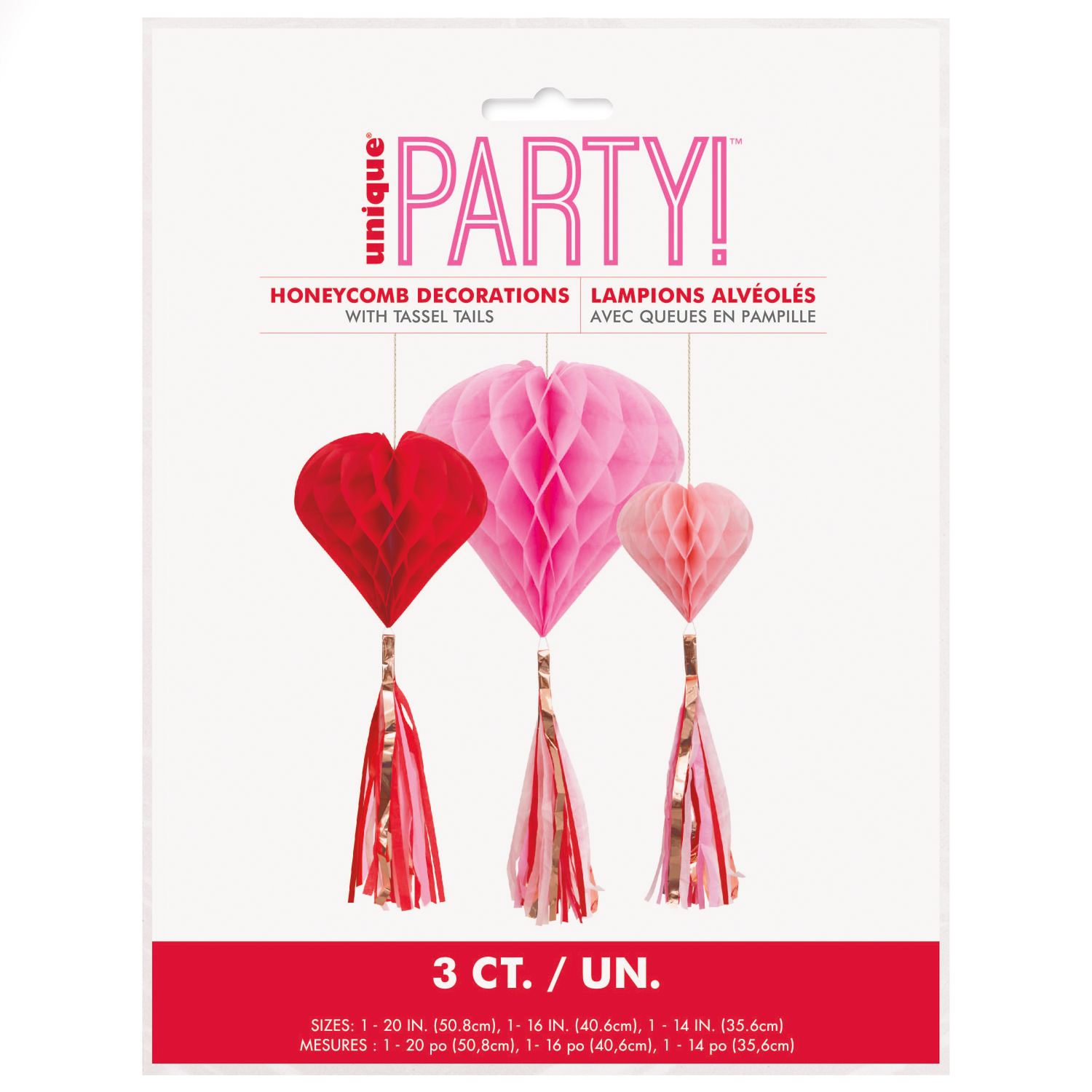 Honeycomb Heart Hanging Decorations with Foil Tassel Tails  3ct