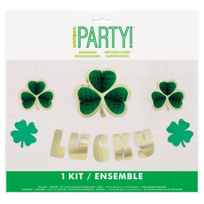 St. Patty's Day "Lucky" Banner &amp; Shamrock Honeycomb Decoration Kit  4pc