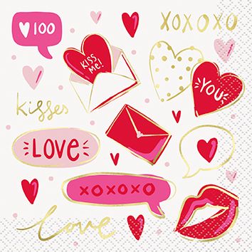Red &amp; Pink Valentines Beverage Napkins  16ct - Foil Stamping