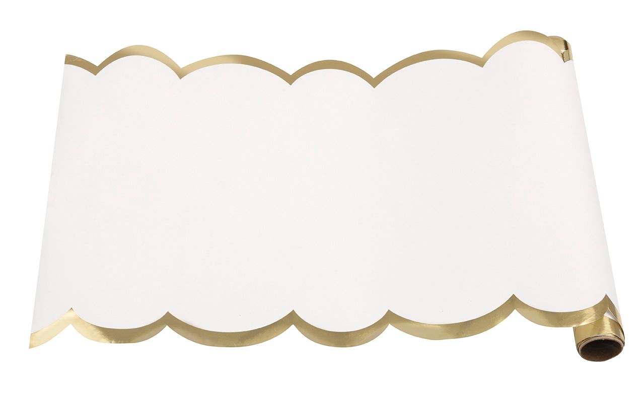 Elegant Valentine Scalloped Gold &amp; White Paper Table Runner with Foil Stamping