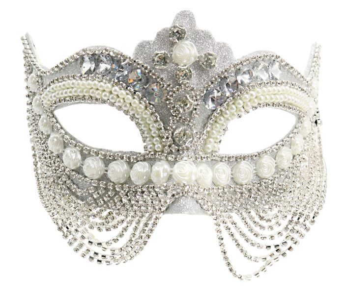 Silver Jeweled Mask with Chain &amp; Pearls