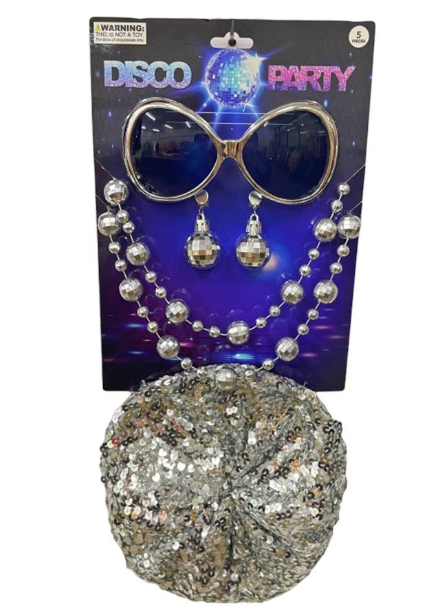 Disco Party Accessory Kit Silver (Glasses, Earrings, Necklace, Hat)