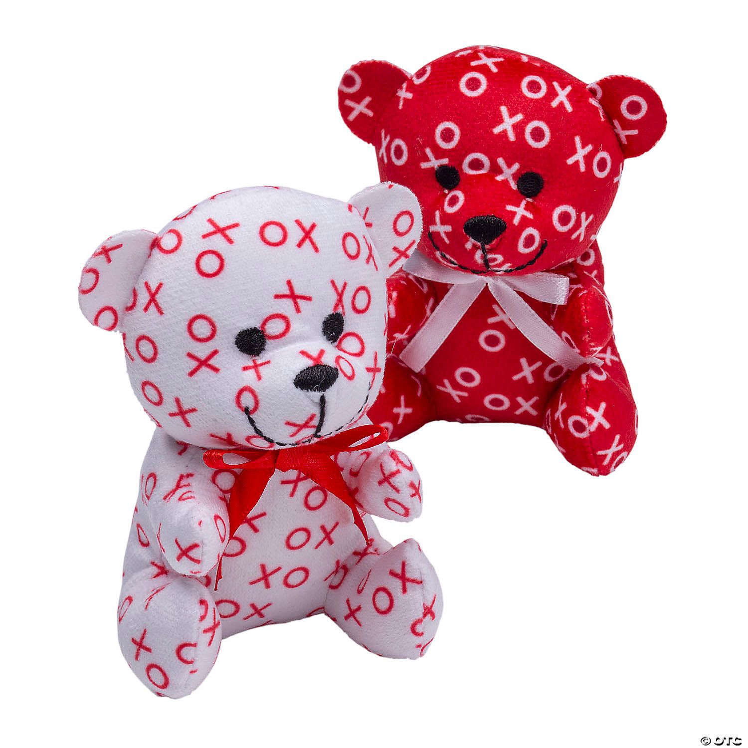 Mini Valentine’s Day Red &amp; White Hugs &amp; Kisses Stuffed Bears - 12 Ct Poly Bag