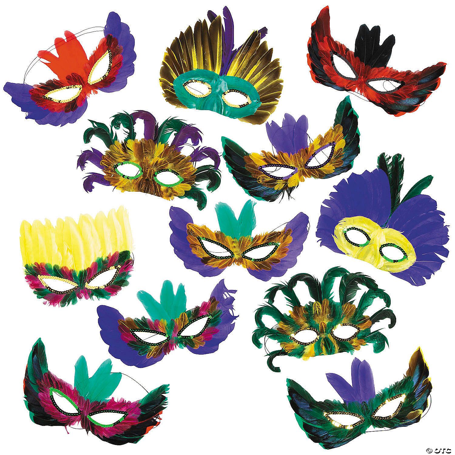 Mardi Gras Feather Mask Assortment - 12 Ct Poly Bag