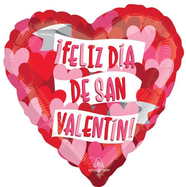 Playful Spanish Valentine Hearts - 17" Helium Filled Foil Balloon, Ribbon