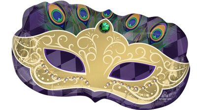Mardi Gras Mask - 30" Helium Filled Foil Balloon, Ribbon