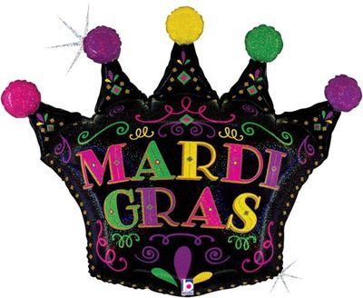 Mardi Gras Filigree Crown - 30" Helium Filled Foil Balloon, Ribbon