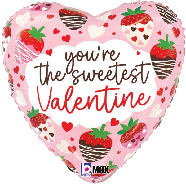 Sweetest Valentine Strawberries - 18" Helium Filled Foil Balloon, Ribbon