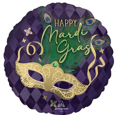 Happy Mardi Gras Mask - 17" Helium Filled Foil Balloon, Ribbon