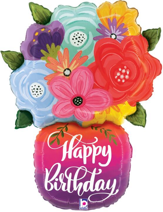 Birthday Bright Flowers Vase - 29" Helium Filled Foil Balloon, Ribbon