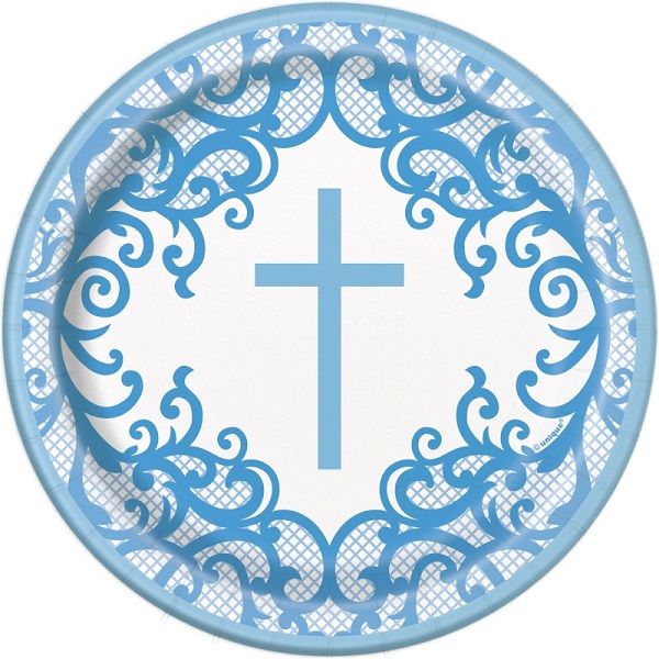 Fancy Blue Cross Round -7" Dessert Plates  8ct