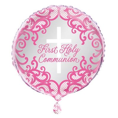 Fancy Pink Cross First Holy Communion - 18" Helium Filled Foil  Shaped Balloon, Ribbon