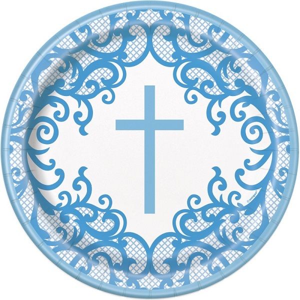 Fancy Blue Cross Round - 9" Dinner Plates  8ct