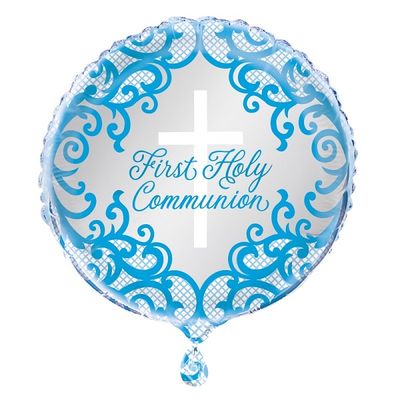 Fancy Blue Cross First Holy Communion - 18" Helium Filled Foil  Shaped Balloon, Ribbon