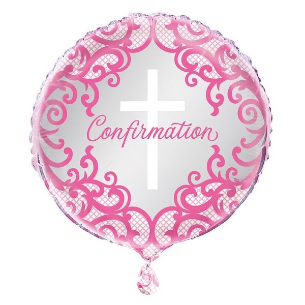 Fancy Pink Cross Confirmation - 18" Helium Filled Foil  Shaped Balloon, Ribbon