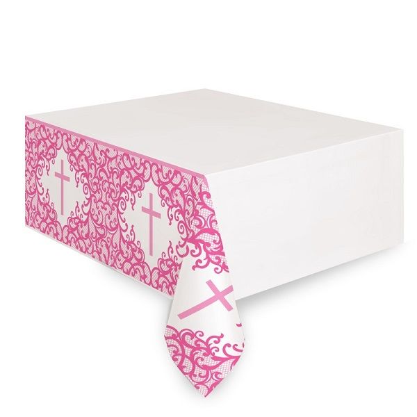 Fancy Pink Cross Rectangular Plastic Table Cover  54" x 84"