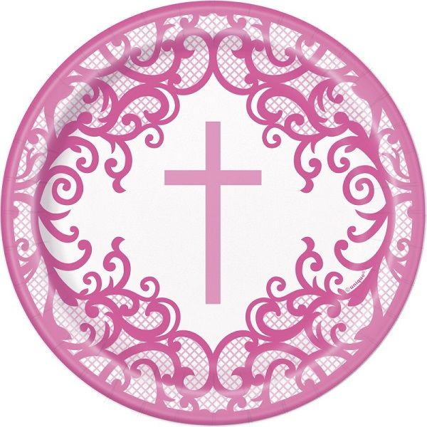 Fancy Pink Cross Round - 7" Dessert Plates  8ct