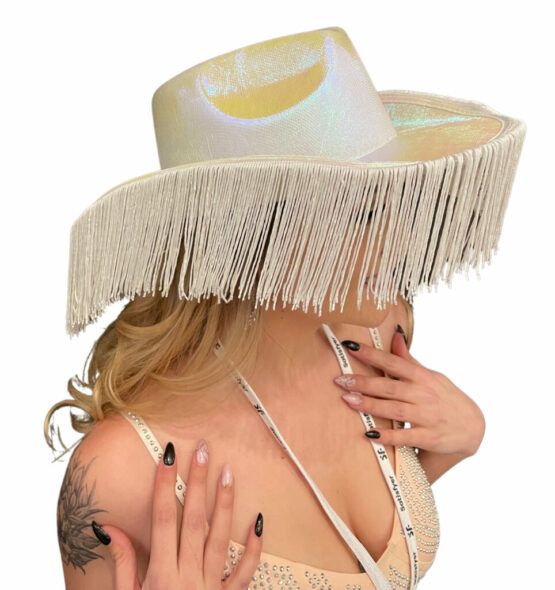 Metallic Cowboy Hat w/Fringe - White