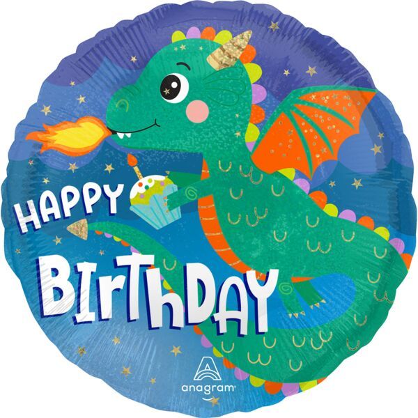 Cute Dragon Birthday - 17" Helium Filled Foil Balloon, Ribbon
