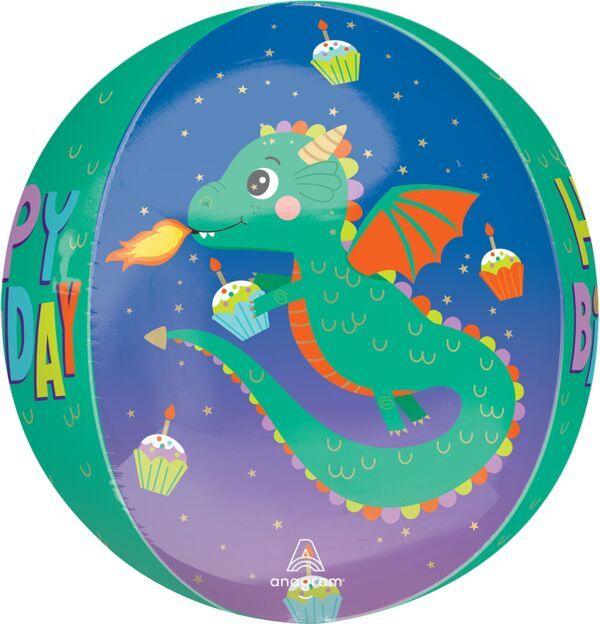 Cute Dragon Birthday Orbz - 16" Helium Filled Foil Balloon, Ribbon
