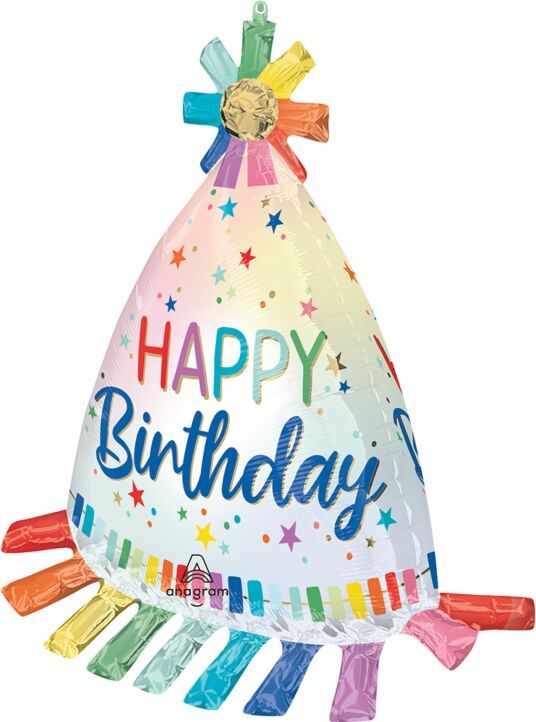 Party Hat - 38" Helium Filled Foil Balloon, Ribbon