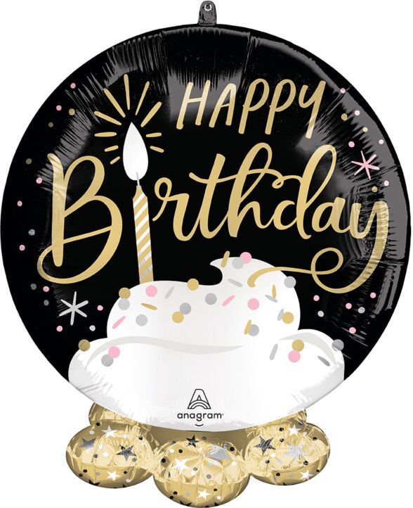 Satin Black Silver Gold Birthday Frillz - 20" Helium Filled Foil Balloon, Ribbon