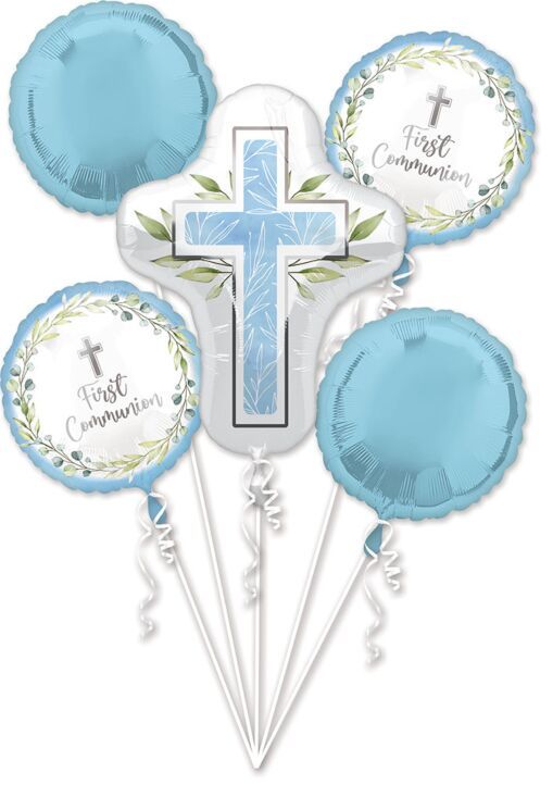 Bouquet My First Communion Blue - Helium Filled Foil Balloon, Ribbon and Basic Weight