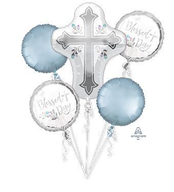 Bouquet Religious Cross Blessed Day - Helium Filled Foil Balloon, Ribbon and Basic Weight