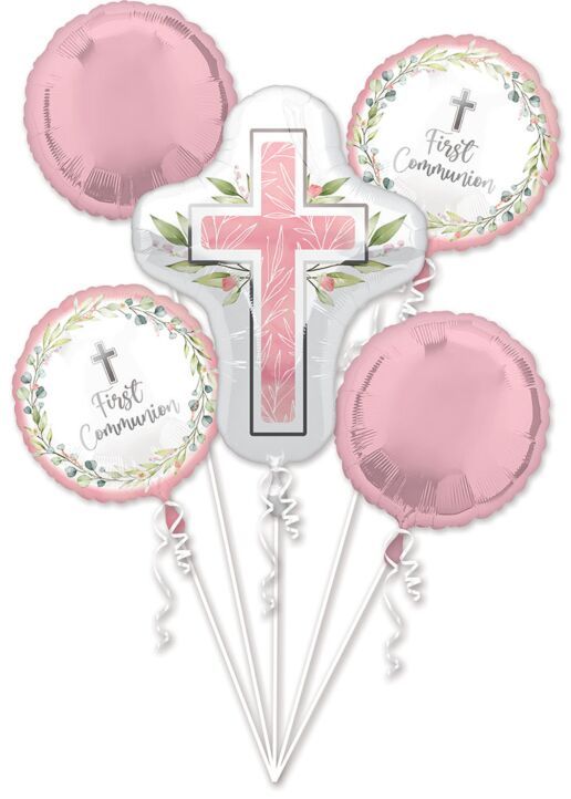 Bouquet My First Communion Pink - Helium Filled Foil Balloon, Ribbon and Basic Weight