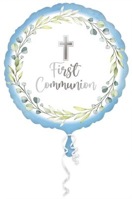My First Communion Blue - 17" Helium Filled Foil  Shaped Balloon, Ribbon