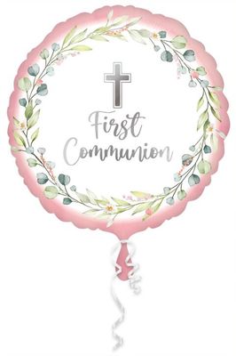 My First Communion Pink - 17" Helium Filled Foil  Shaped Balloon, Ribbon