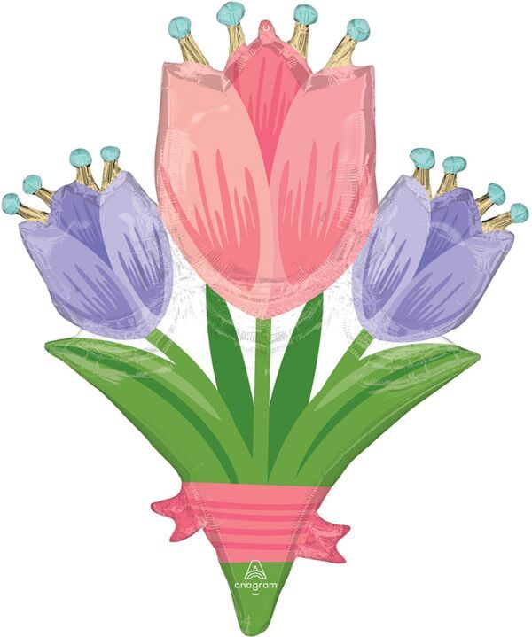 Spring Cheer Tulips - 38" Helium Filled Foil Balloon, Ribbon