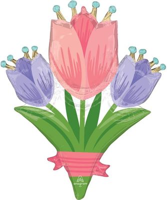 Spring Cheer Tulips - 38" Helium Filled Foil Balloon, Ribbon