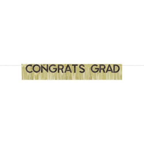 Gold Foil Glitter Fringe Congrats Grad" Banner with Cutout Black Glitter Letters  6 ft"