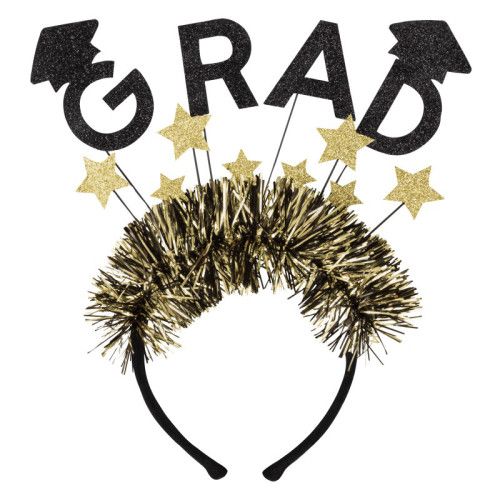 Black and Gold Grad - Star Felt Headband with Tinsel Fringe