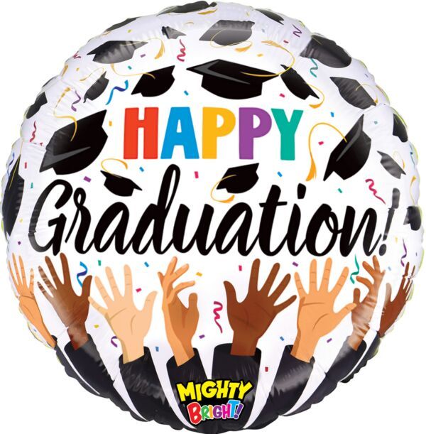 Mighty Graduation Tossed Caps - 21" Helium Filled Foil Balloon, Ribbon
